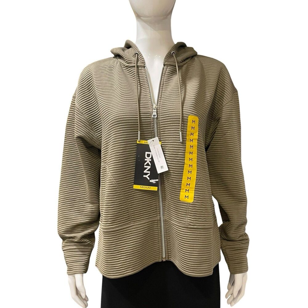 DKNY Ottoman Full-Zip Hoodie Womens Size M Olive Green Ribbed Stretch Lined NWT